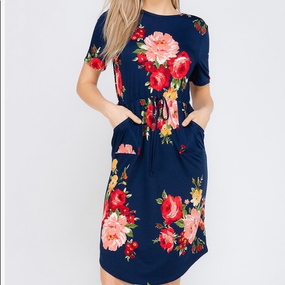 Navy Floral Pocket Dress - Picture 1 of 4